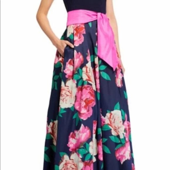 ELIZA J. Maxi Dress Sleeveless Belted Floral Gown in Navy Pink size 4 - Picture 5 of 14